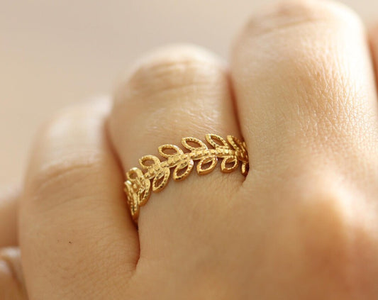 18K Gold adjustable leaf ring for women, stackable ring